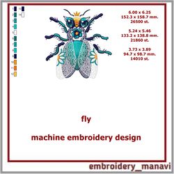 Machine embroidery design multicolored Fly in 3 sizes from Embroidery Manavi 05