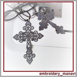 Religious Embroidery Design - FSL pendant Cross, on fabric, lace insert by Embroidery Manavi 05