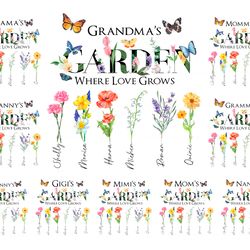 bundle personalized grandma's garden png, grandma butterfly, diy birth month flower png, watercolor floral, mother's day