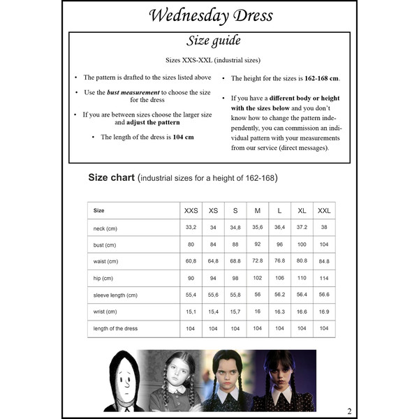 Wednesday Dress Pattern Size Guide
