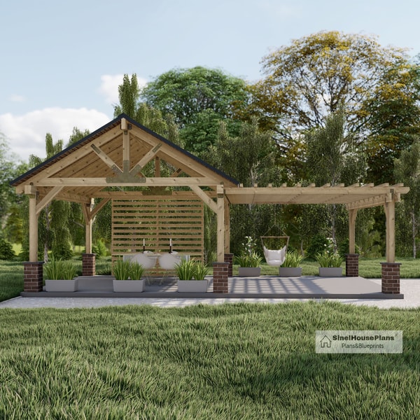 26'x16' Pavilion with Pergola Plans, Outdoor Gazebo Blueprin | Inspire ...