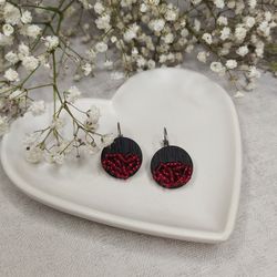 Red handmade dangle earrings made of polymer clay and beads, a birthday gift for mom