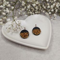 Gold polymer clay dangle earrings, handmade seed bead earrings, birthday gift for mom