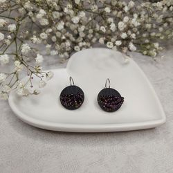 Purple polymer clay dangle earrings, handmade seed bead earrings, birthday gift for mom