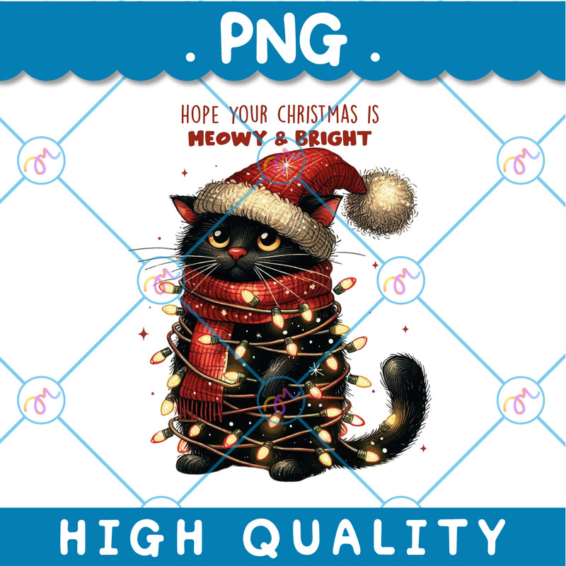 Hope Your Christmas Is Meowy And Bright PNG Christmas Lights Sweater Christmas Cat PNG 0