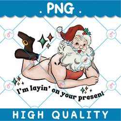 layin on your present png, retro cheerful santa png, santa christmas png, vintage santa claus png, funny christmas png