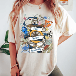 vintage disney finding nemo characters just keep swimming shirt, retro disney pixar finding dory shirt, disney family va