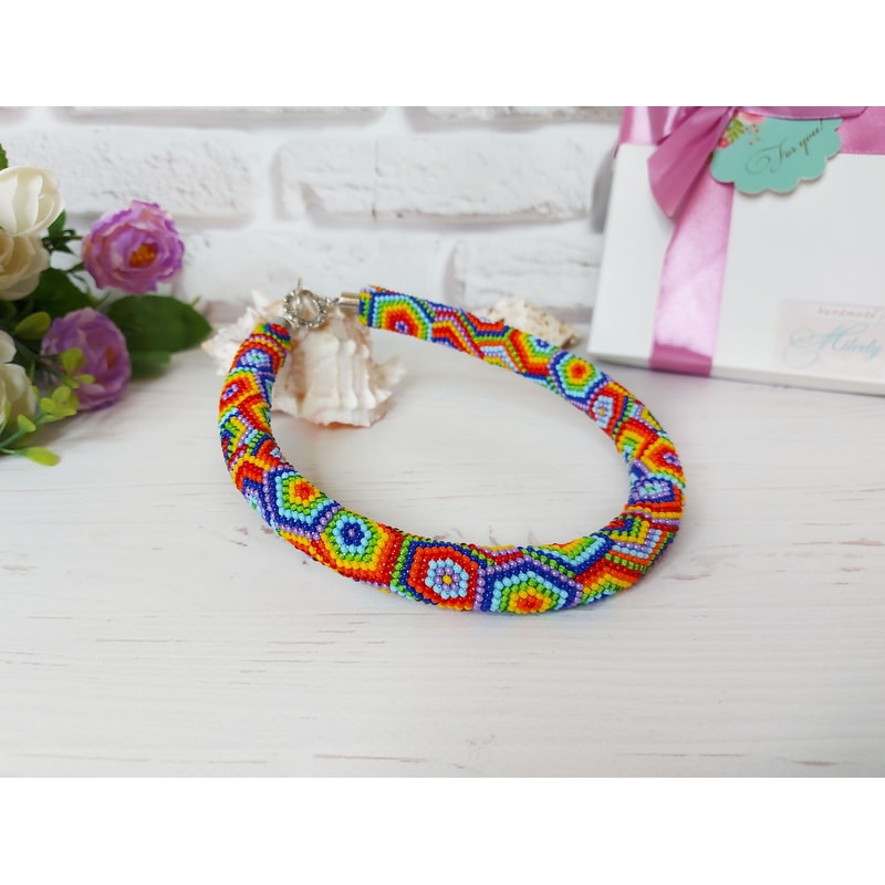 Colorful Seed Bead Crochet Necklace Pattern DIY Rainbow Beadwork Necklace PDF Tutorial Beading Neck