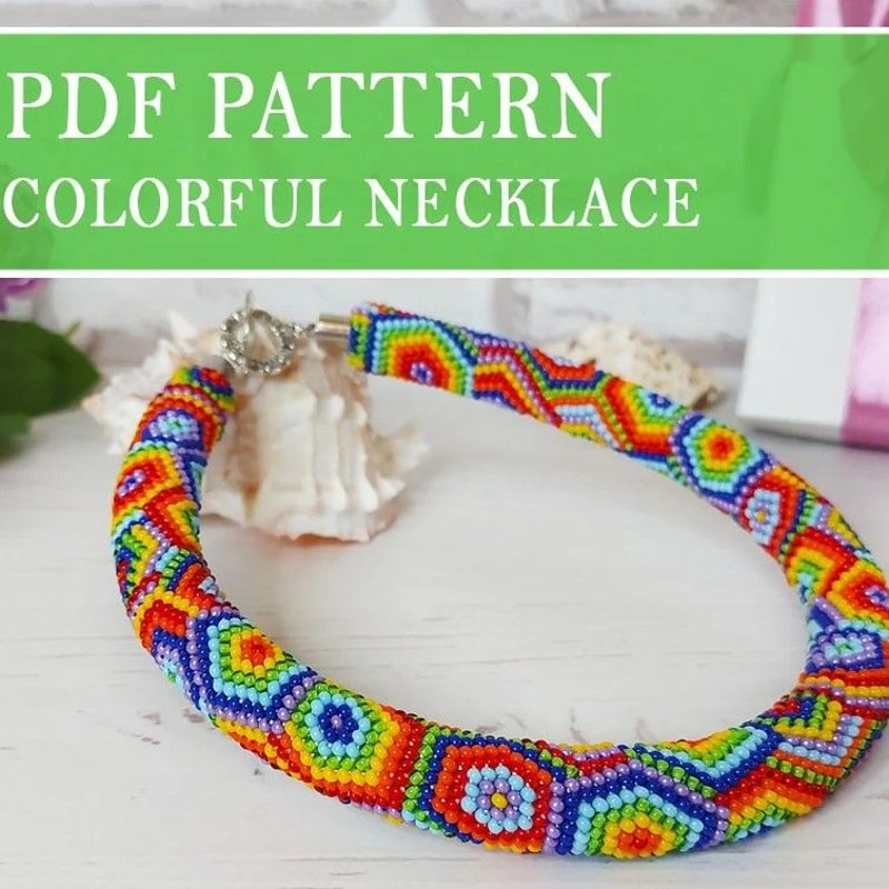Colorful Seed Bead Crochet Necklace Pattern DIY Rainbow Beadwork Necklace PDF Tutorial Beading Neck