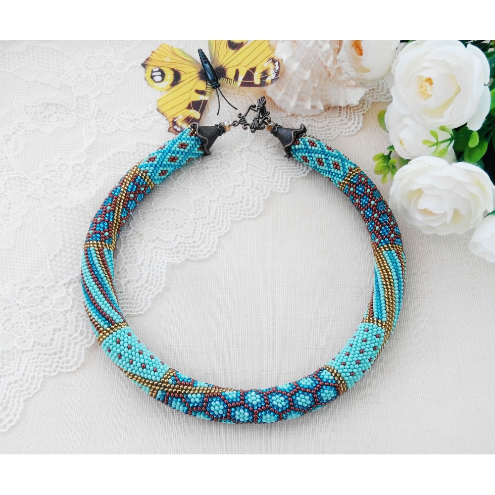 Jewelry Making Digital Pattern For Adults Seed Bead Crochet Rope Necklace DIY Mint Blue Patchwork N 1