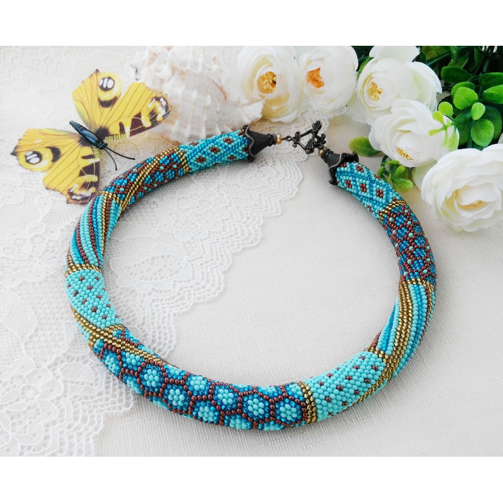 Jewelry Making Digital Pattern For Adults Seed Bead Crochet Rope Necklace DIY Mint Blue Patchwork N 2