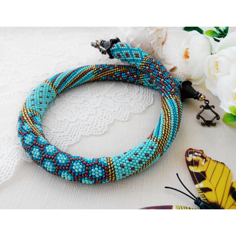 Jewelry Making Digital Pattern For Adults Seed Bead Crochet Rope Necklace DIY Mint Blue Patchwork N 3