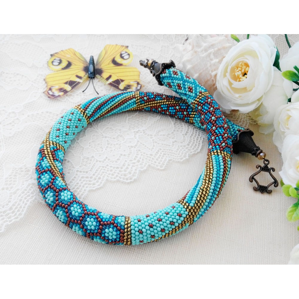 Jewelry Making Digital Pattern For Adults Seed Bead Crochet Rope Necklace DIY Mint Blue Patchwork N 4