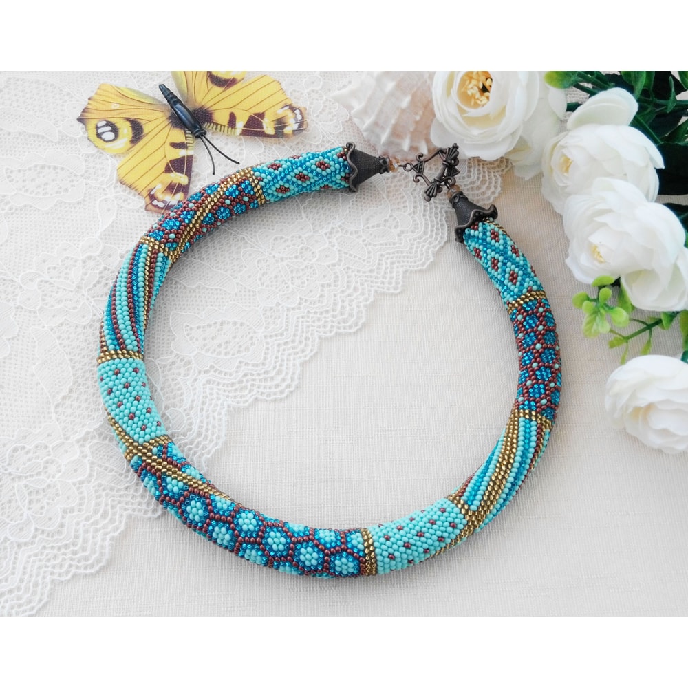 Jewelry Making Digital Pattern For Adults Seed Bead Crochet Rope Necklace DIY Mint Blue Patchwork N 5