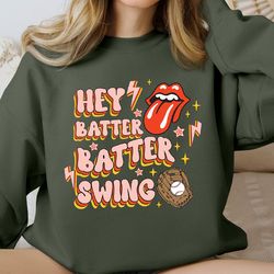 Hey Batter Batter Swing Sweatshirt, Baseball Mom Hoodie, Groovy Baseball Crewneck