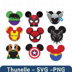 disney superhero mouse head svg bundle, trending svg, superhero svg, hulk svg, spiderman svg, captain marvel svg, iron m