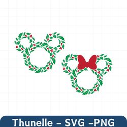 christmas holiday wreath mickey minnie mouse ears | 2 color | svg clipart images digital download sublimation cricut cut