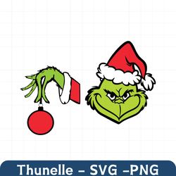 grinch face svg, grinch hand svg, grinch face and hand with ornament, grinch face silhouette