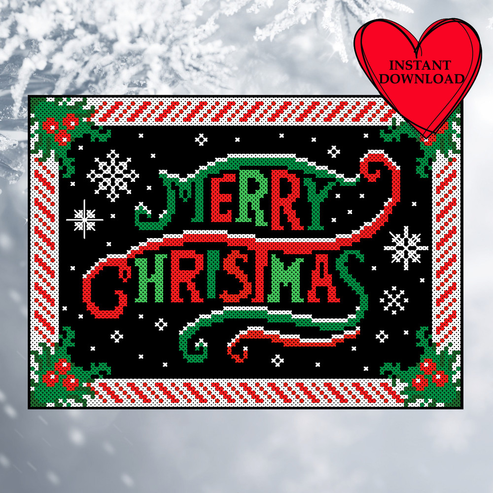 Merry Christmas Lettering Cross Stitch pattern, Merry Christmas winter ornament cross stitch chart printable pdf.jpg