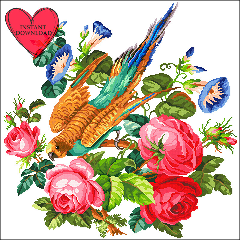 Vintage Bird In Flowers Cross Stitch Pattern Retro Sampler Primitive Parrot Flower Cross Stitch Chart 0