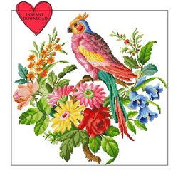 vintage parrot on flower branch cross stitch pattern retro antique sampler primitive bird flower cross stitch embroidery