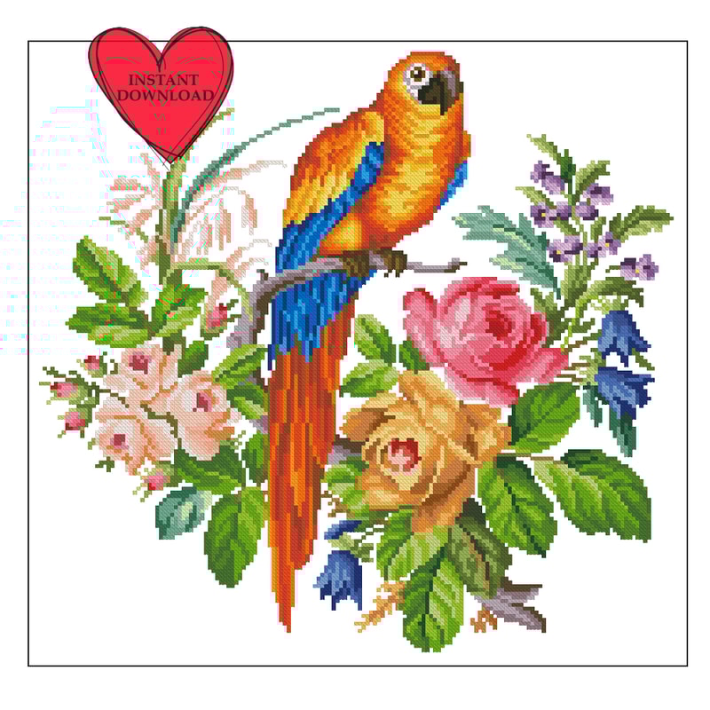 Vintage Bird On Flower Branch Cross Stitch Pattern Retro Antique Sampler Primitive Bird Flower Embroidery Pdf 0