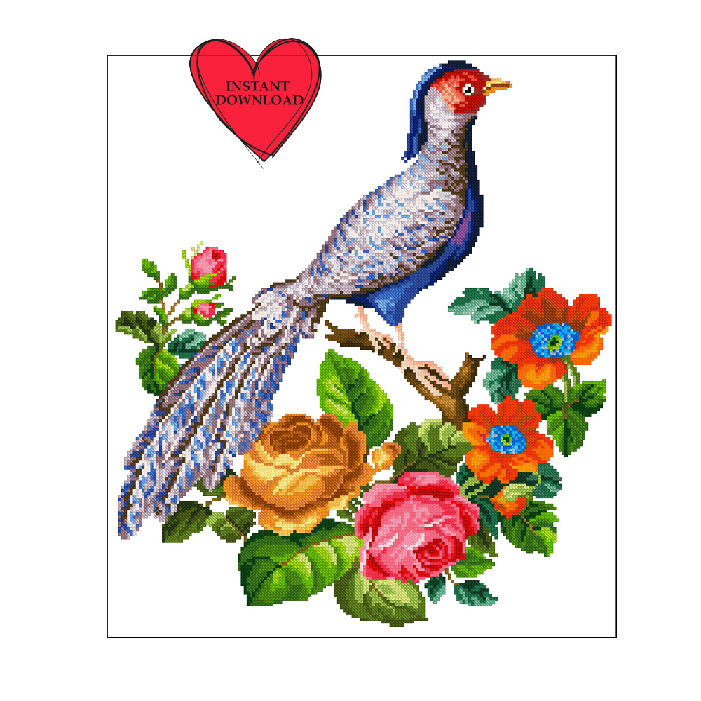 Blue Pheasant In Flowers Cross Stitch Pattern Antique Bird Cross Stitch Chart 0