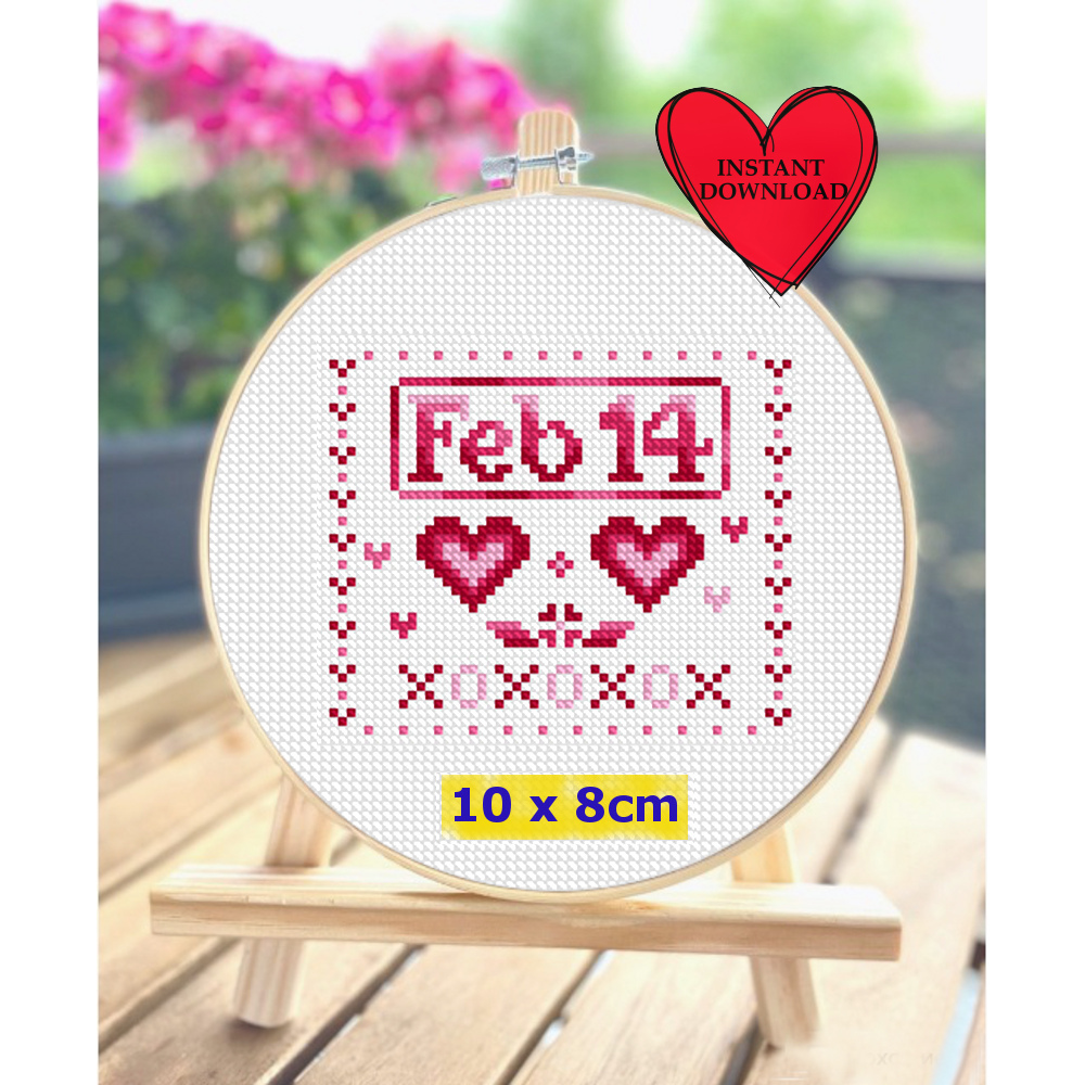 February 14 Valentine cross stitch PDF pattern, Valentines day cross stitch chart, love and hearts greeting card.jpg