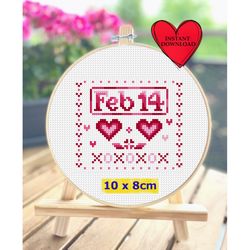 february 14 valentine cross stitch pattern, valentines day cross stitch chart, love and hearts greeting card embroidery