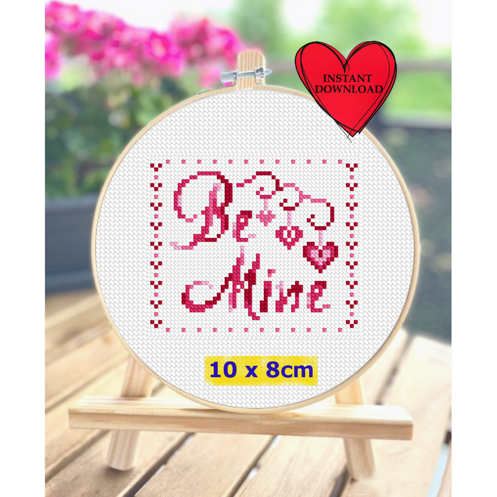 Be mine Valentine cross stitch PDF pattern by Lindsey Weight of Primrose Cottage Stitches, Valentines day cross stitch chart, 14 February greeting card.jpg