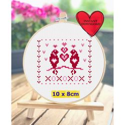 love birds valentine cross stitch pdf pattern, valentines day cross stitch chart, 14 february greeting card, red heart l