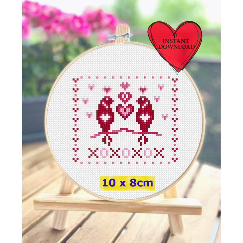 Love birds Valentine cross stitch PDF pattern by Katie Rogers of Primrose Cottage Stitches, Valentines day cross stitch chart, 14 February greeting card.jpg