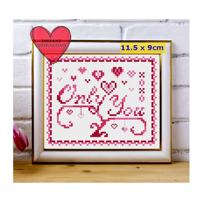 Only you Valentine cross stitch PDF pattern, heart sampler cross stitch chart, 14 February qwaker primitive greeting card cross stitch chart.jpg
