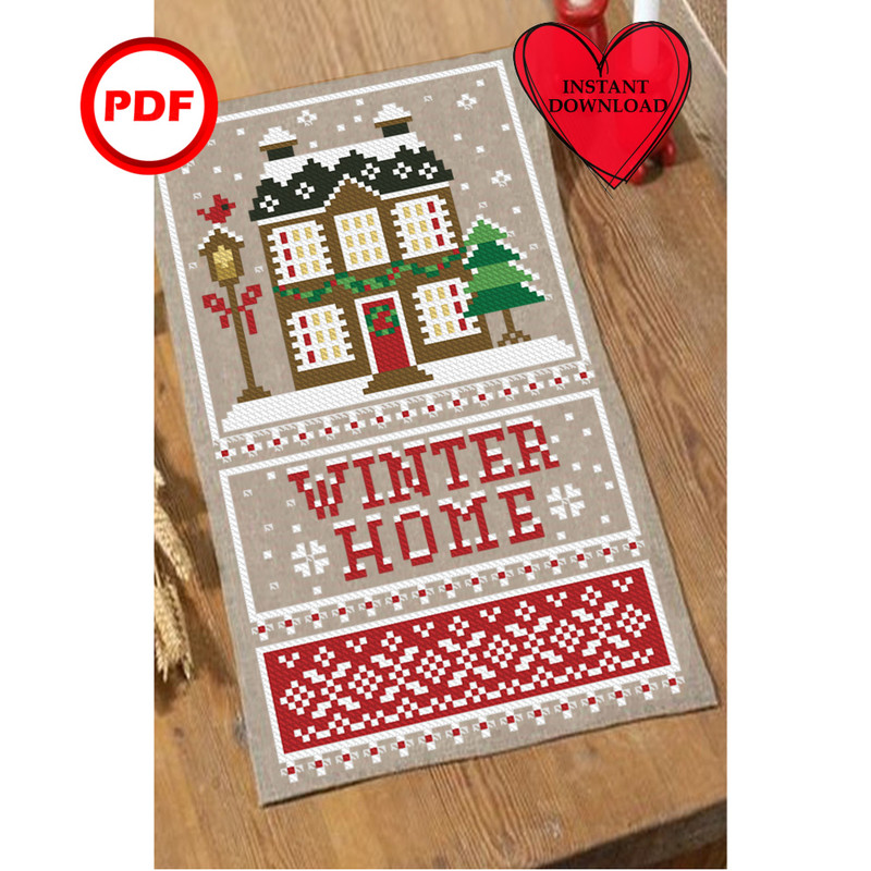 Winter home cross stitch pattern Christmas home red cardinal cross stitch pattern winter Christmas sampler.jpg