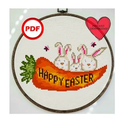 happy easter cross stitch pattern, bunny with carrot cross stitch pattern pdf