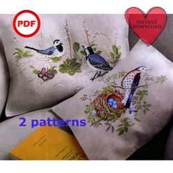 set of 2 patterns: two wagtails cross stitch pattern, a bird in a nest cross stitch pattern for pillow pdf
