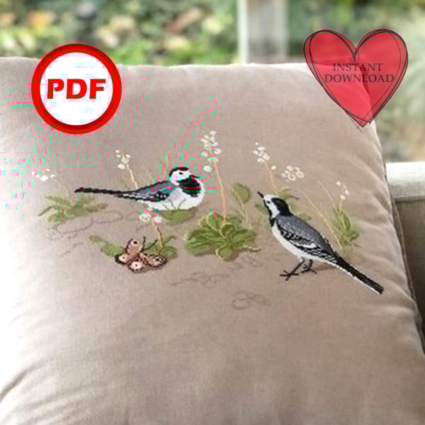 Two wagtails cross stitch pattern, two gray birds pillow cross stitch embroidery pdf.jpg