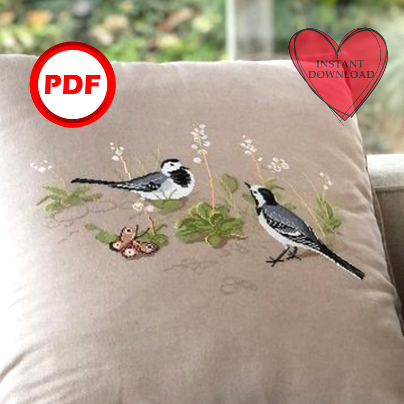 Two wagtails cross stitch pattern, two gray birds pillow cross stitch embroidery pdf.jpg