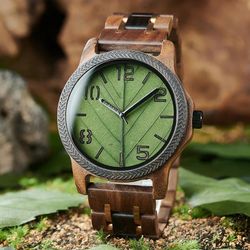 Men's Wood Watch with Genuine Leaf, Natural Handmade Watches, Wooden Gift for Anniversary, 45mm Stylish Men Watch