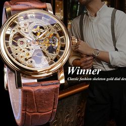Luxury Gold Skeleton Watches Men Brown Leather Strap Mechanical Hand Wind Wristwatches Men