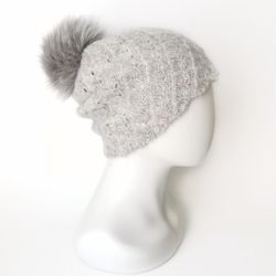 Hand-Knit Mohair Women's Hat in Light Grey with Pom Pom - Unique Winter Accessory. Cozy Handcrafted Women's Beanie.