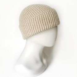 Handmade Merino Wool Men's Beanie: Ribbed Knit, Seamless Comfort, Fisherman Style, Cozy and Warm Hat with Fold-up Cuff