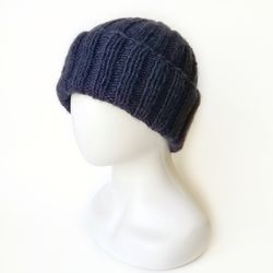 Exquisite Handmade Dark Blue Men's Warm Winter Beanie - Cozy Alpaca-Merino Wool Blend Knit Hat with Ribbed Texture.