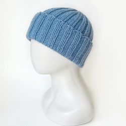 Handcrafted Light Blue Men's Winter Beanie: Luxurious Cashmere-Merino Wool Blend, Ribbed Texture, Cozy and Warm Hat