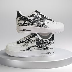man custom shoes air force 1 japan art, white black, buty customization sneaker casual shoe personalized gift, BBC 1 AF1