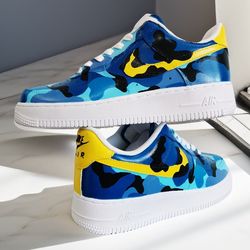 man custom shoes air force 1, casual, sexy, gift, white, blue, yellow, fashion sneakers, shoes, personalized gift, BBC 1