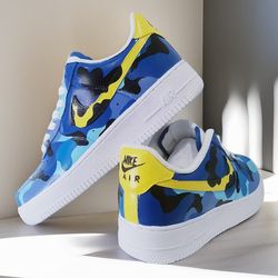custom shoes air force 1, luxury sexy, gift, white, blue, yellow, leather sneakers, personalized gifts customization AF1