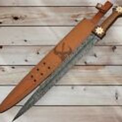 custom handmade Damascus steel double edge viking sword rosewood & brass handle gift for him groomsmen gift wedding anni