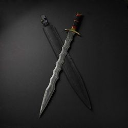 custom handmade Damascus steel hunting Viking sword micarta and red spacer with guard & pommel handle gift for him groo