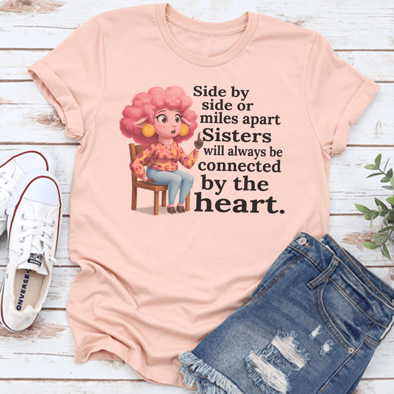 Side By Side Or Miles Apart Sisters Will Always Be Connected By The Heart Tee 1